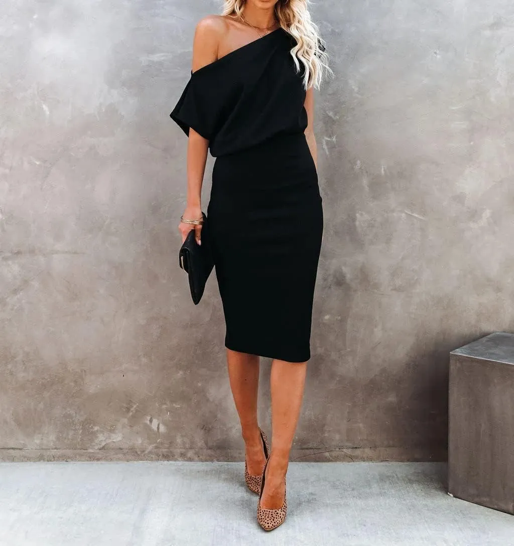 Ezbelle Women's 2025 Summer Dress Off The Shoulder Short Sleeve Ribbed Casual Party Bodycon Midi Dresses