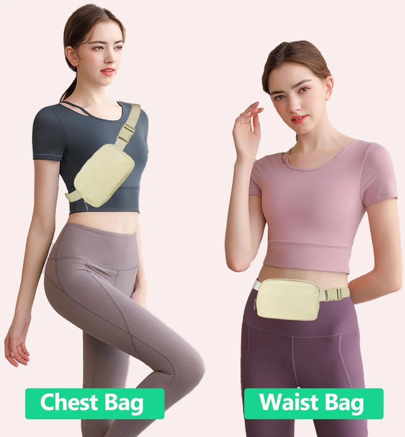 Fanny Packs for Women,Fashionable Crossbody Belt Bags Waist Pack for Teen Girls,Bum Hip Bag for Travel Hiking Cycling Running,Easy Carry Any Phone,Wallet (Black), Beige-Two Zipper Pockets