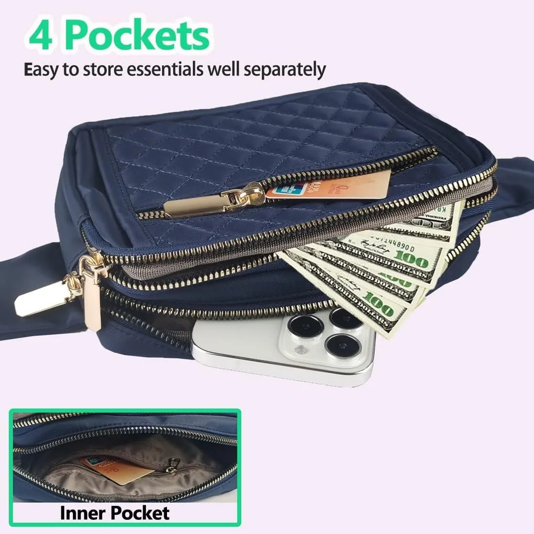 Fanny Packs for Women,Fashionable Crossbody Belt Bags Waist Pack for Teen Girls,Bum Hip Bag for Travel Hiking Cycling Running,Easy Carry Any Phone,Wallet (Black), Dark blue