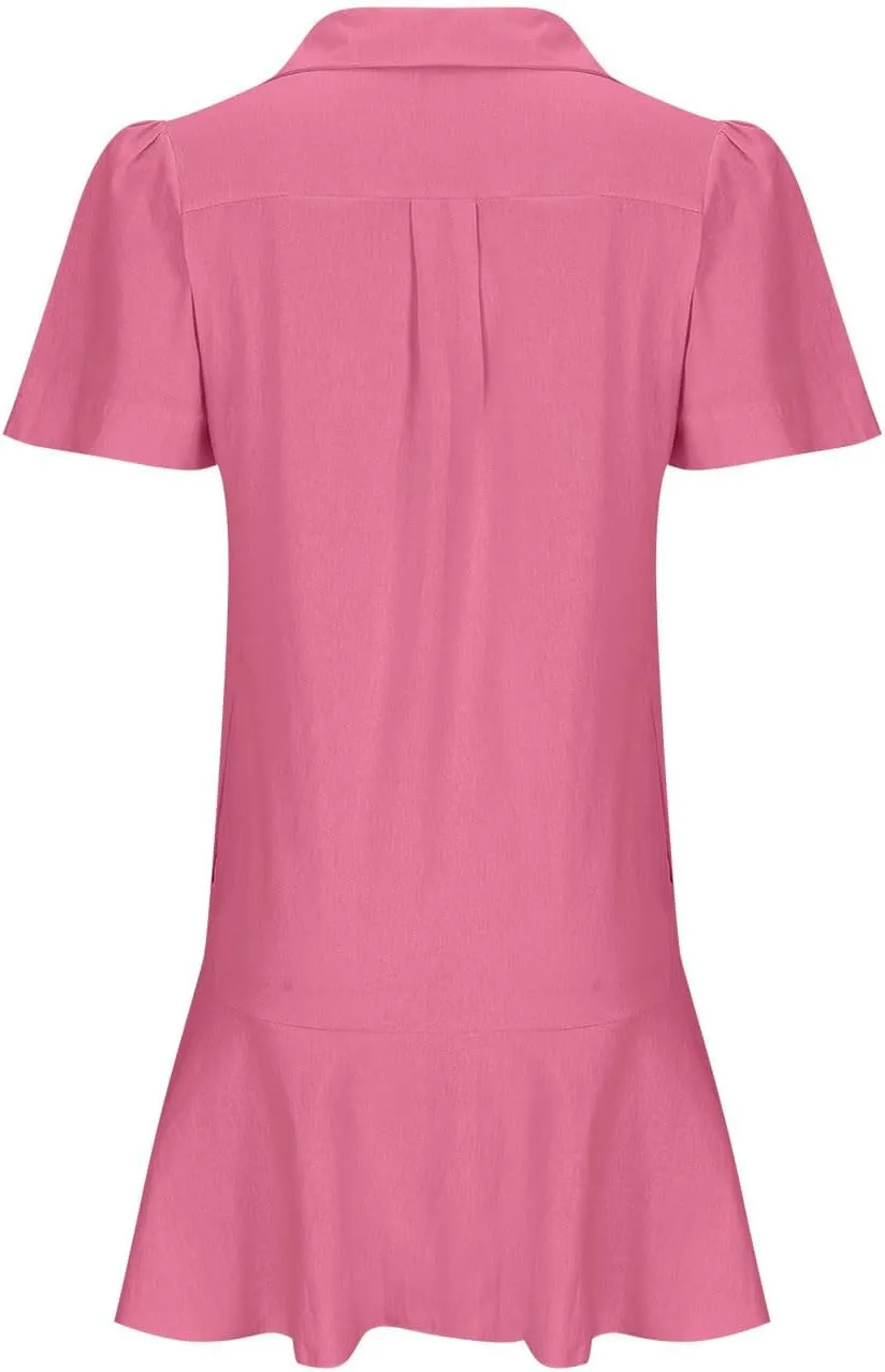 Fanteecy Women's Button Up Blouse Dresses Short Sleeve Loose Fit Mini Dress Ruffle Hem Flowy Cotton Linen Dress