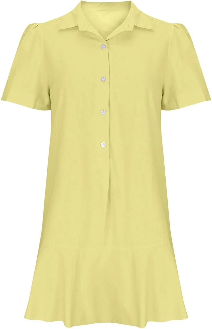 Fanteecy Women's Button Up Blouse Dresses Short Sleeve Loose Fit Mini Dress Ruffle Hem Flowy Cotton Linen Dress