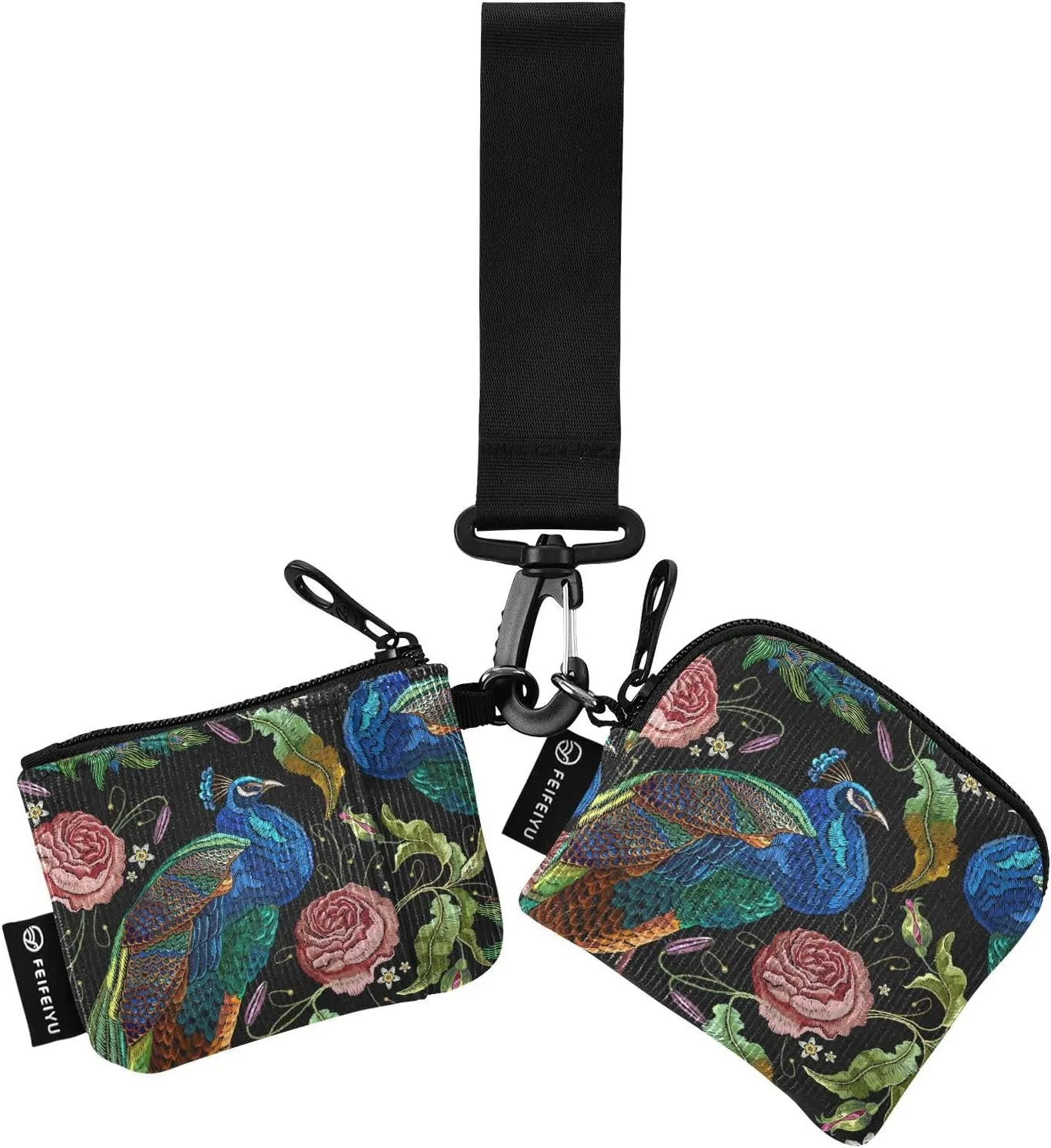 Fashion Peacocks and Flowers Rose Wristlet Keychain Wallets for Women Portable Small Coin Purse