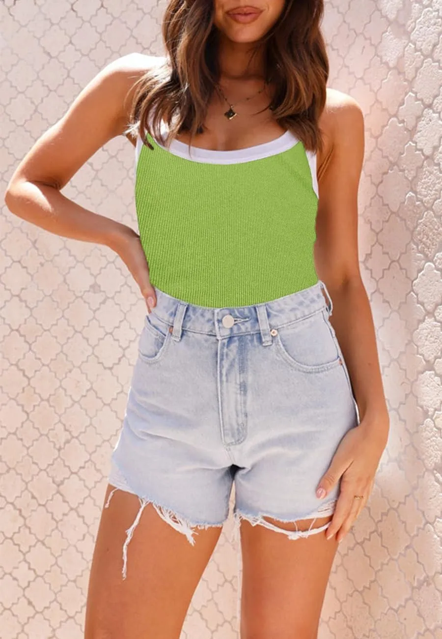 Fashionme Women's 2025 Basic Ribbed Tank Tops Wide Strap Color Block Sleeveless Tops Scoop Neck 1/2 Pack