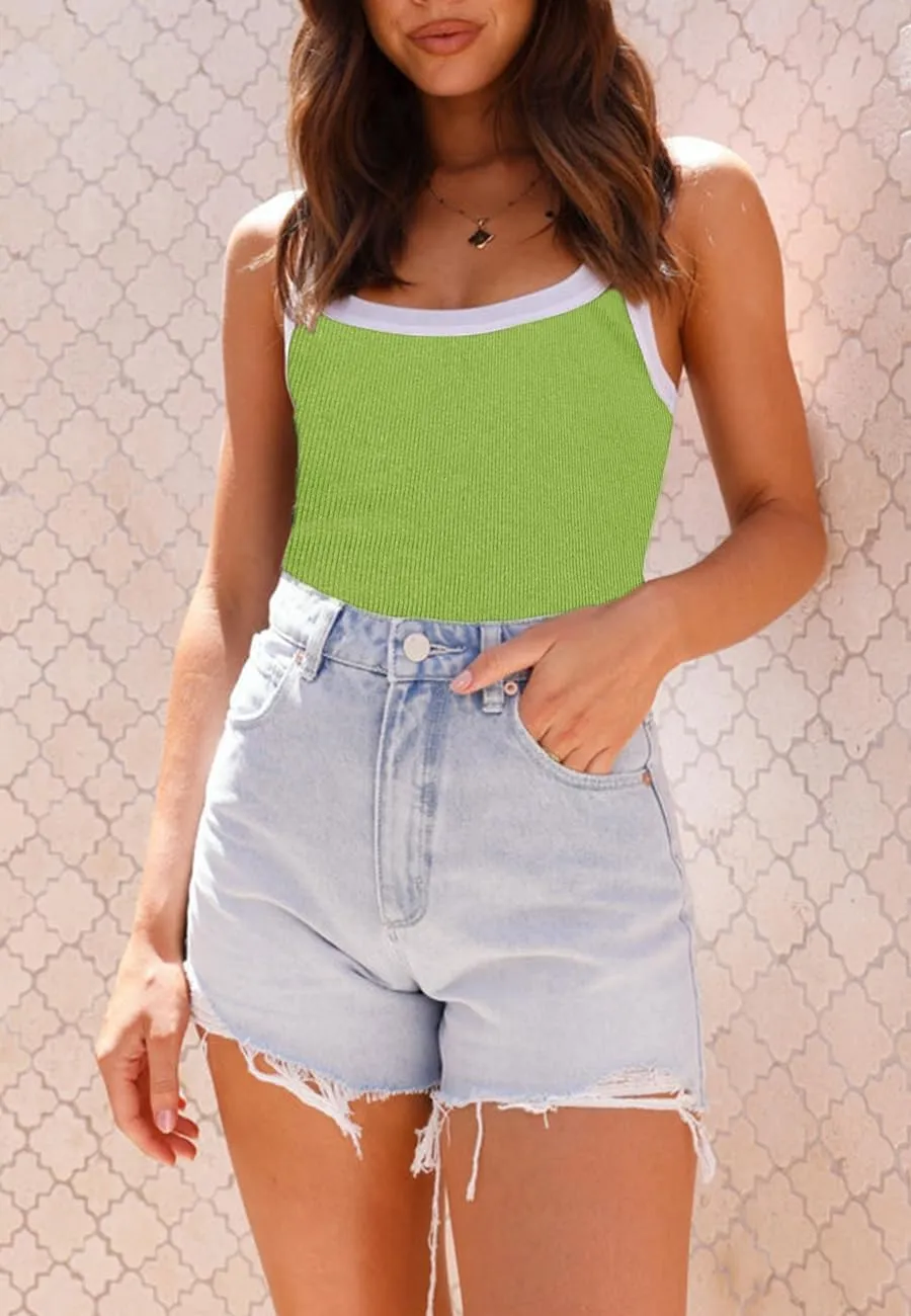 Fashionme Women's 2025 Basic Ribbed Tank Tops Wide Strap Color Block Sleeveless Tops Scoop Neck 1/2 Pack