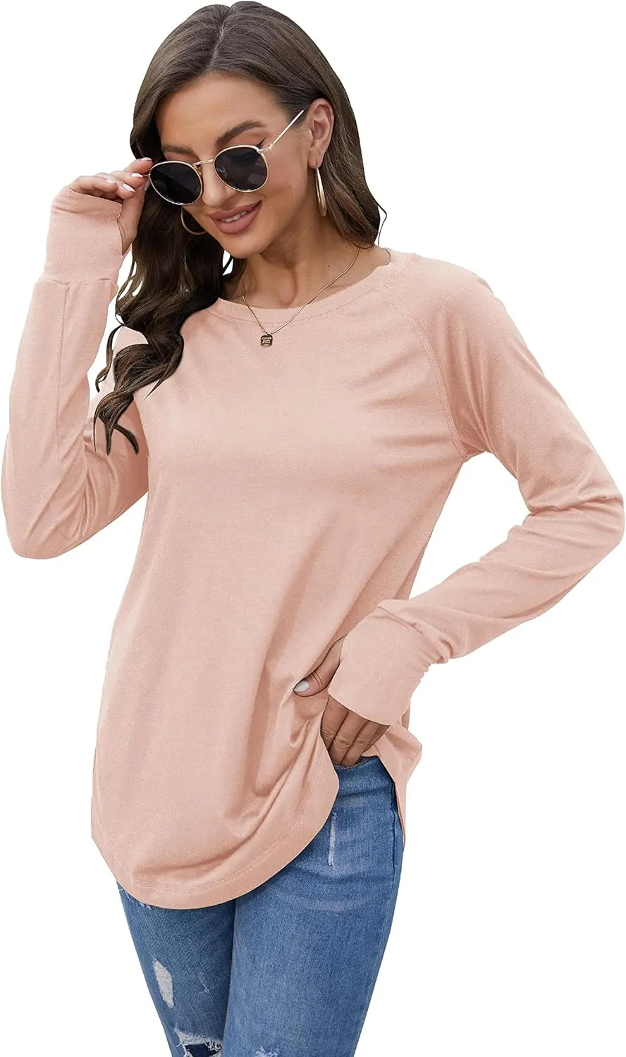 Fisoew Women's Casual Long Sleeve Tops Crew Neck Round Hem Loose T-Shirts Tunic Tops with Thumb Holes