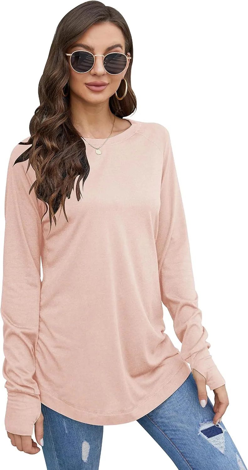 Fisoew Women's Casual Long Sleeve Tops Crew Neck Round Hem Loose T-Shirts Tunic Tops with Thumb Holes