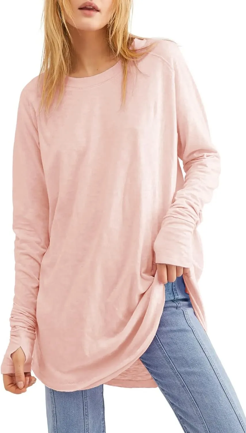 Fisoew Women's Casual Long Sleeve Tops Crew Neck Round Hem Loose T-Shirts Tunic Tops with Thumb Holes