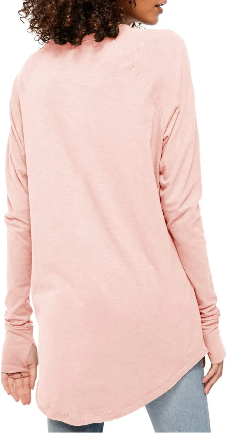 Fisoew Women's Casual Long Sleeve Tops Crew Neck Round Hem Loose T-Shirts Tunic Tops with Thumb Holes