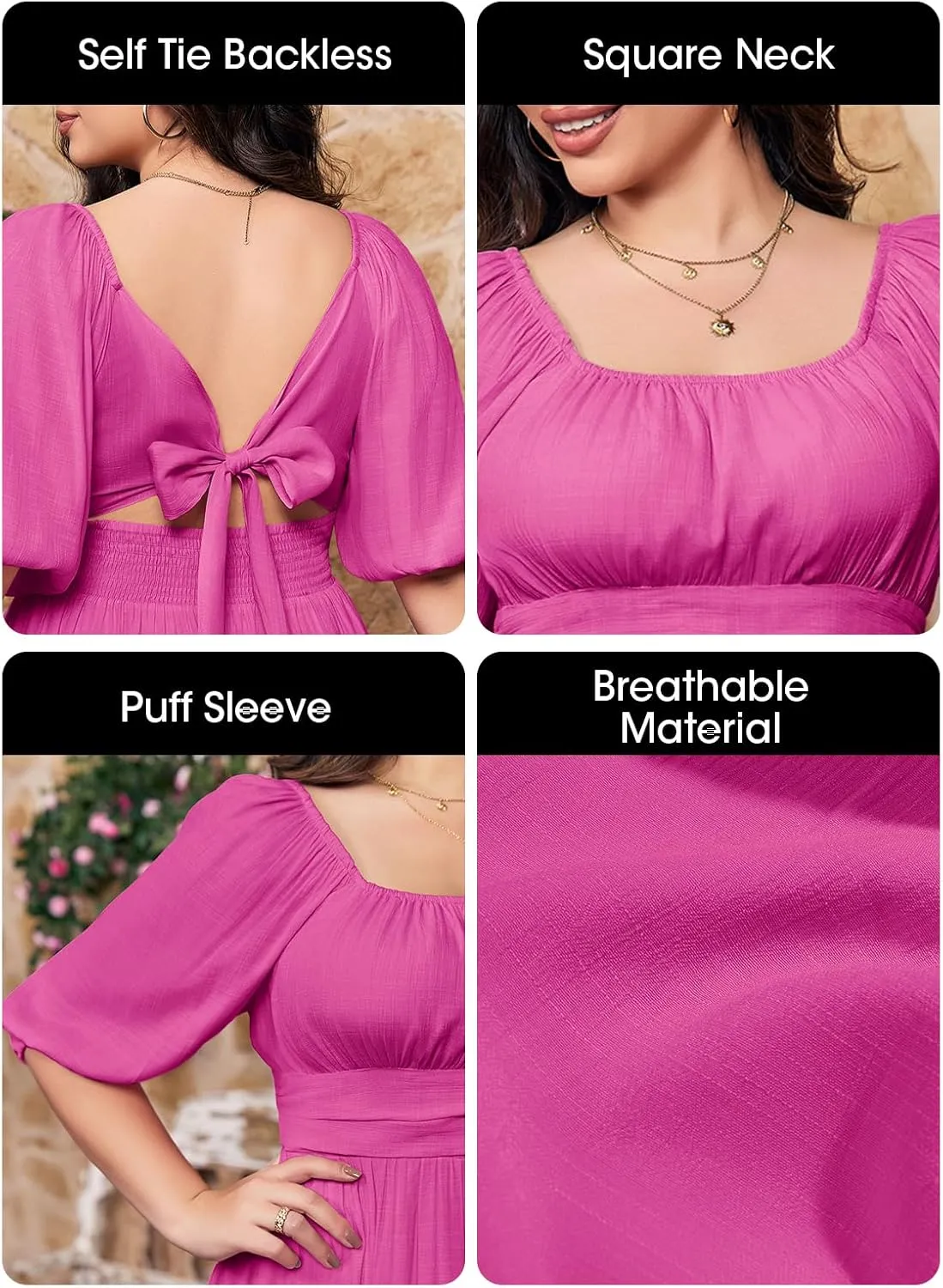 Fisoew Womens Plus Size Mini Dress Summer Puff Short Sleeve Square Neck Tie Back Casual Dresses