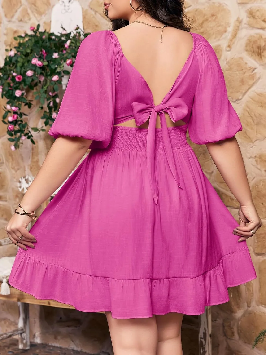 Fisoew Womens Plus Size Mini Dress Summer Puff Short Sleeve Square Neck Tie Back Casual Dresses