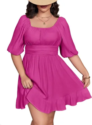 Fisoew Womens Plus Size Mini Dress Summer Puff Short Sleeve Square Neck Tie Back Casual Dresses