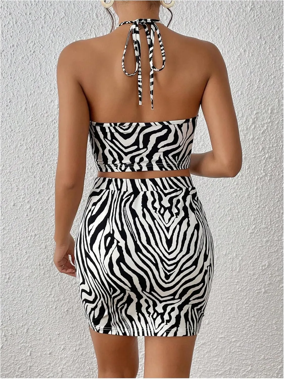 Floerns Women's 2 Piece Outfit Zebra Striped Halter Crop Top and Short Pencil Skirt Set
