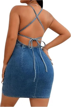 Floerns Women's Backless Criss Cross Denim Cami Dress Halter Neck Bodycon Mini Dresses
