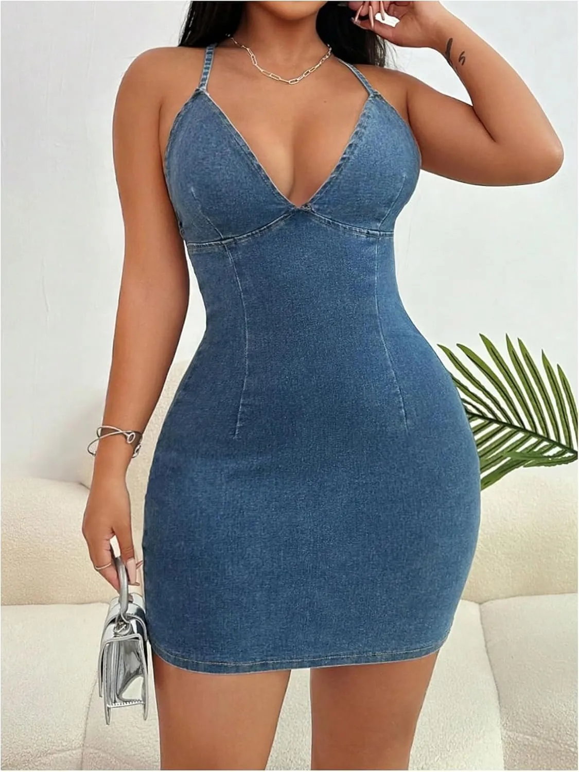 Floerns Women's Backless Criss Cross Denim Cami Dress Halter Neck Bodycon Mini Dresses