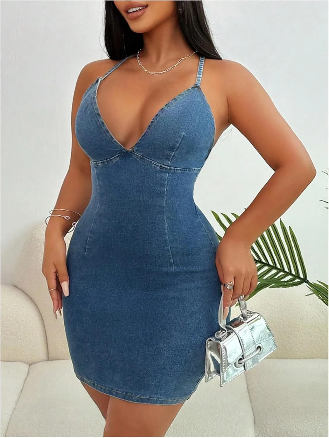 Floerns Women's Backless Criss Cross Denim Cami Dress Halter Neck Bodycon Mini Dresses