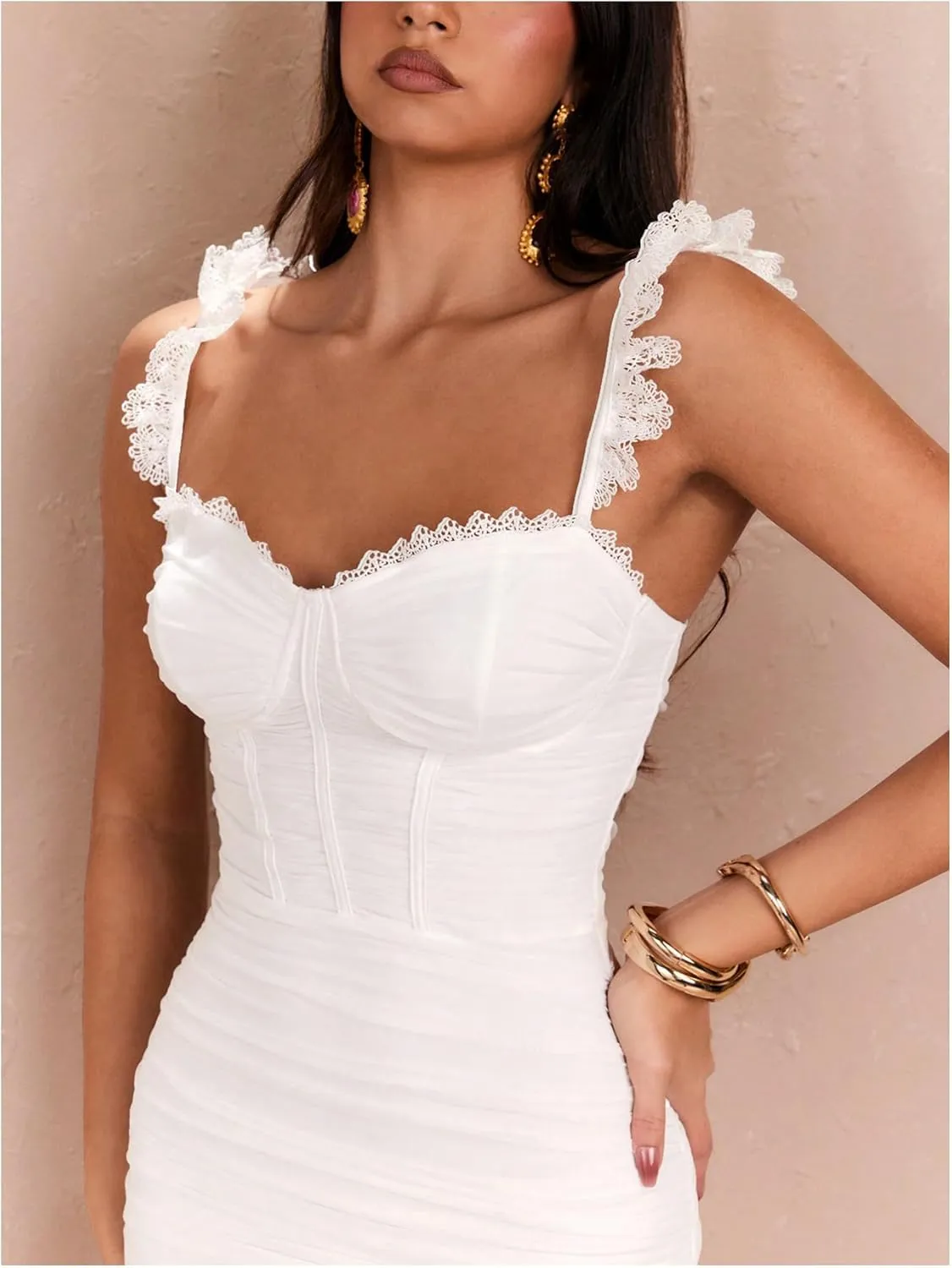 Floerns Women's Lace Trim Sweetheart Neck Ruched Corset Dress Sleeveless Mini Pencil Dresses