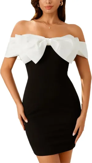 Floerns Women's Off Shoulder Short Sleeve Mini Dress Bow Front Bodycon Dresses