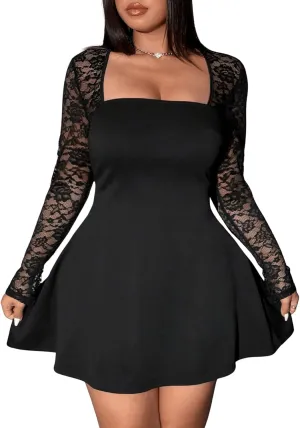 Floerns Women's Plus Size Contrast Lace Sheer Long Sleeve A Line Dress Square Neck Mini Dresses