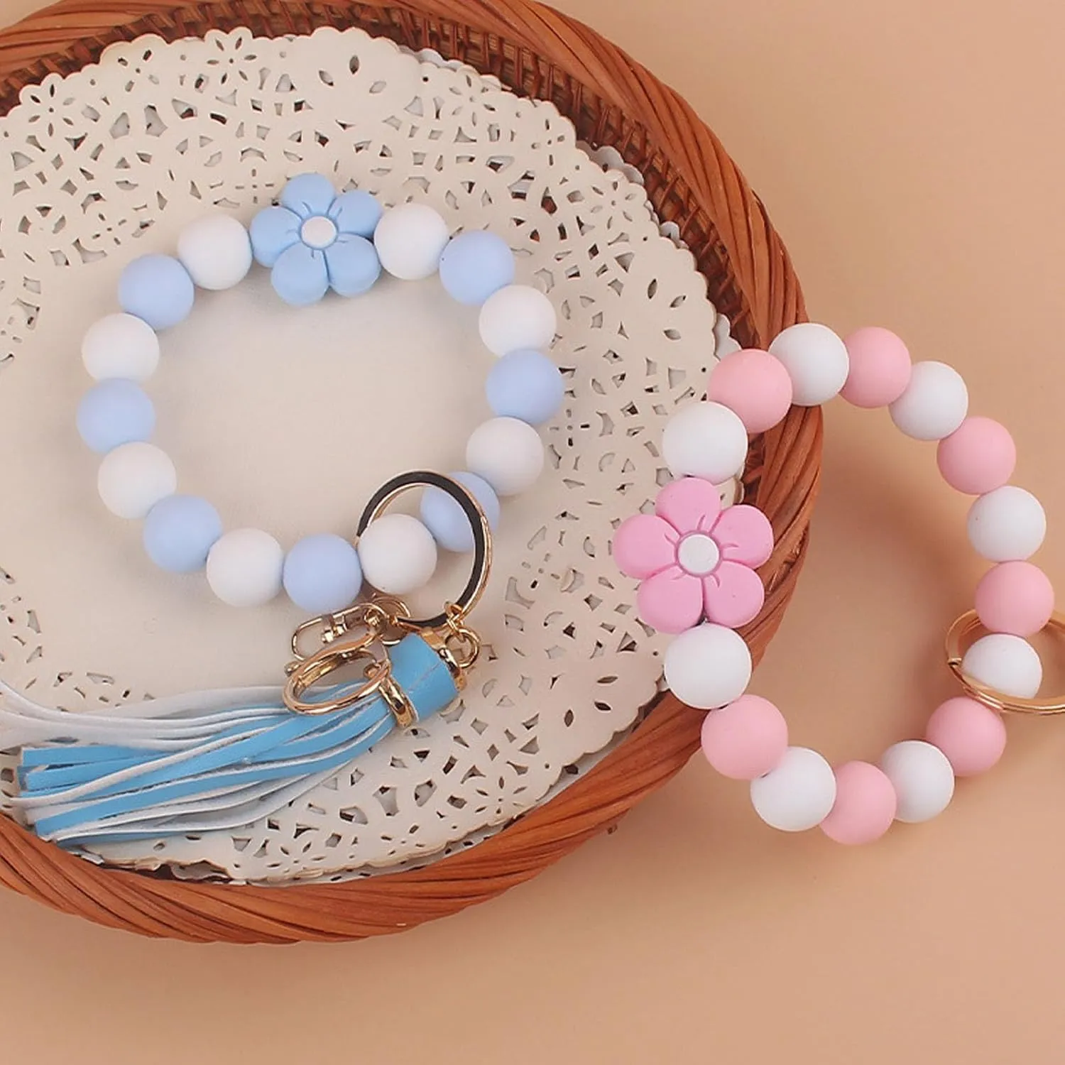 Floral Beaded Silicone Wristlet Keychain Bracelet, Key Ring for Women, Car Key Chain Holder Flower Keyring Bangle