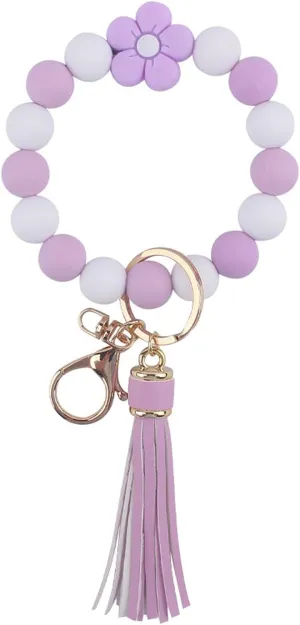 Floral Beaded Silicone Wristlet Keychain Bracelet, Key Ring for Women, Car Key Chain Holder Flower Keyring Bangle