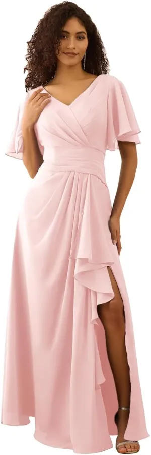 Flutter Sleeve Bridesmaid Dress V Neck Chiffon Formal Gown Long Pleated Evening Dress with Slit ZD198