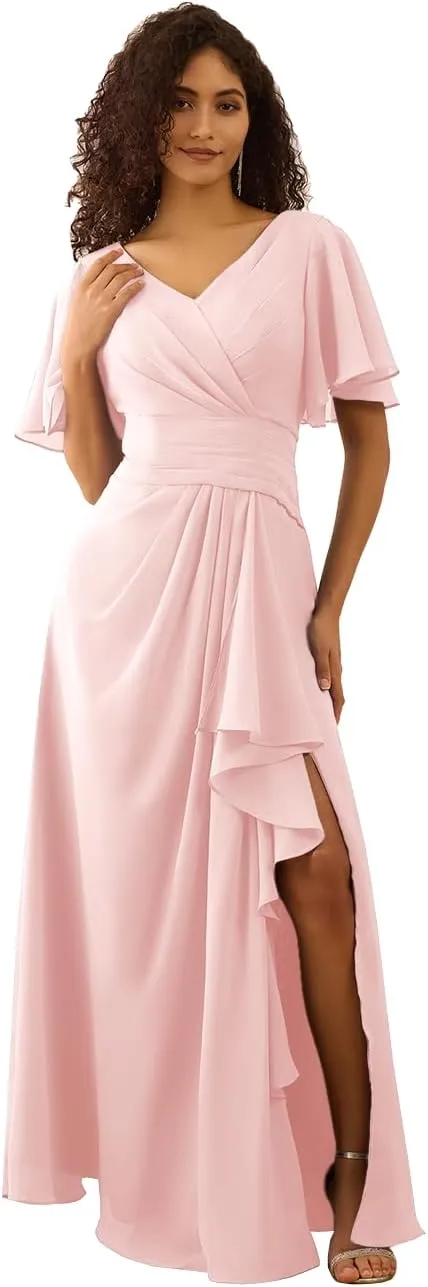 Flutter Sleeve Bridesmaid Dress V Neck Chiffon Formal Gown Long Pleated Evening Dress with Slit ZD198