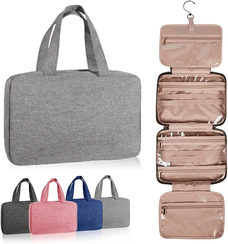 Folding Makeup Storage Bag, Toiletry Bag for Women with Hanging Hook, Foldable Travel Hanging Toiletry Bags Dry Wet Separation Bag, Waterproof Cosmetic Storage Organizer for Bathroom Shower (A_Grey)