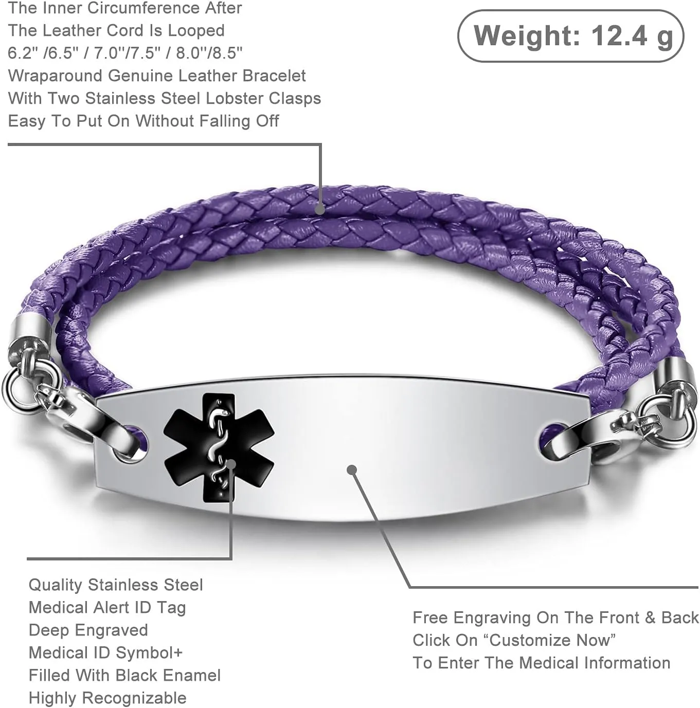 Free Engraving Medical Alert Bracelets for Women & Men with Rolo Leather Rope | Interchangeable Replacement Bracelet | Stainless Steel Personalized Medical ID Tag