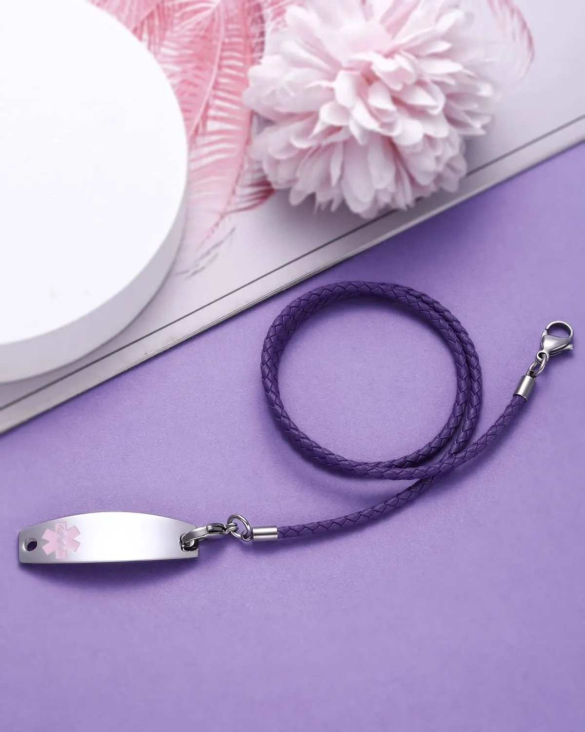 Free Engraving Medical Alert Bracelets for Women & Men with Rolo Leather Rope | Interchangeable Replacement Bracelet | Stainless Steel Personalized Medical ID Tag