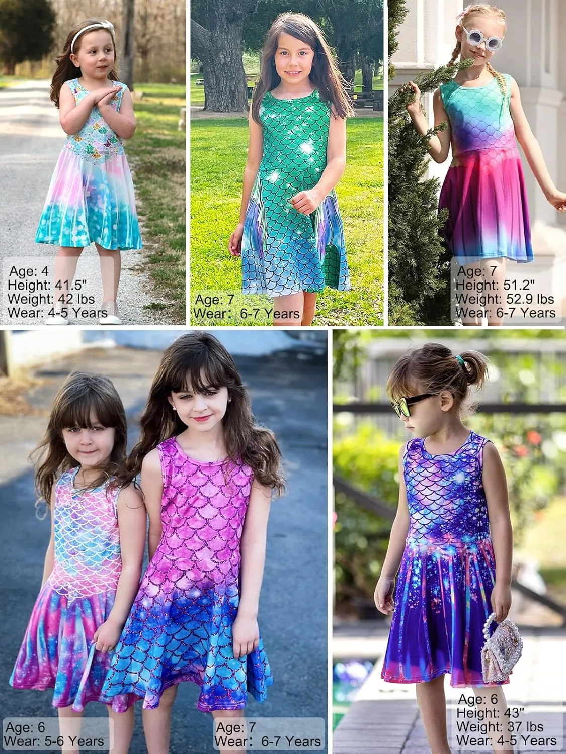 Funnycokid Mermaid Dress Girls Kids Summer Sleeveless Sundress Birthday Outfit Twirly Party Clothes 4-13 Years