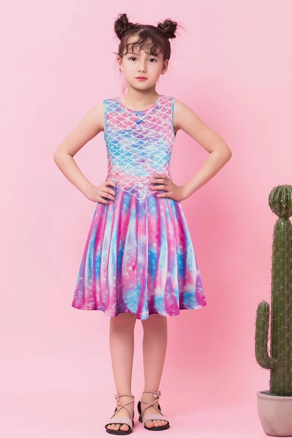 Funnycokid Mermaid Dress Girls Kids Summer Sleeveless Sundress Birthday Outfit Twirly Party Clothes 4-13 Years