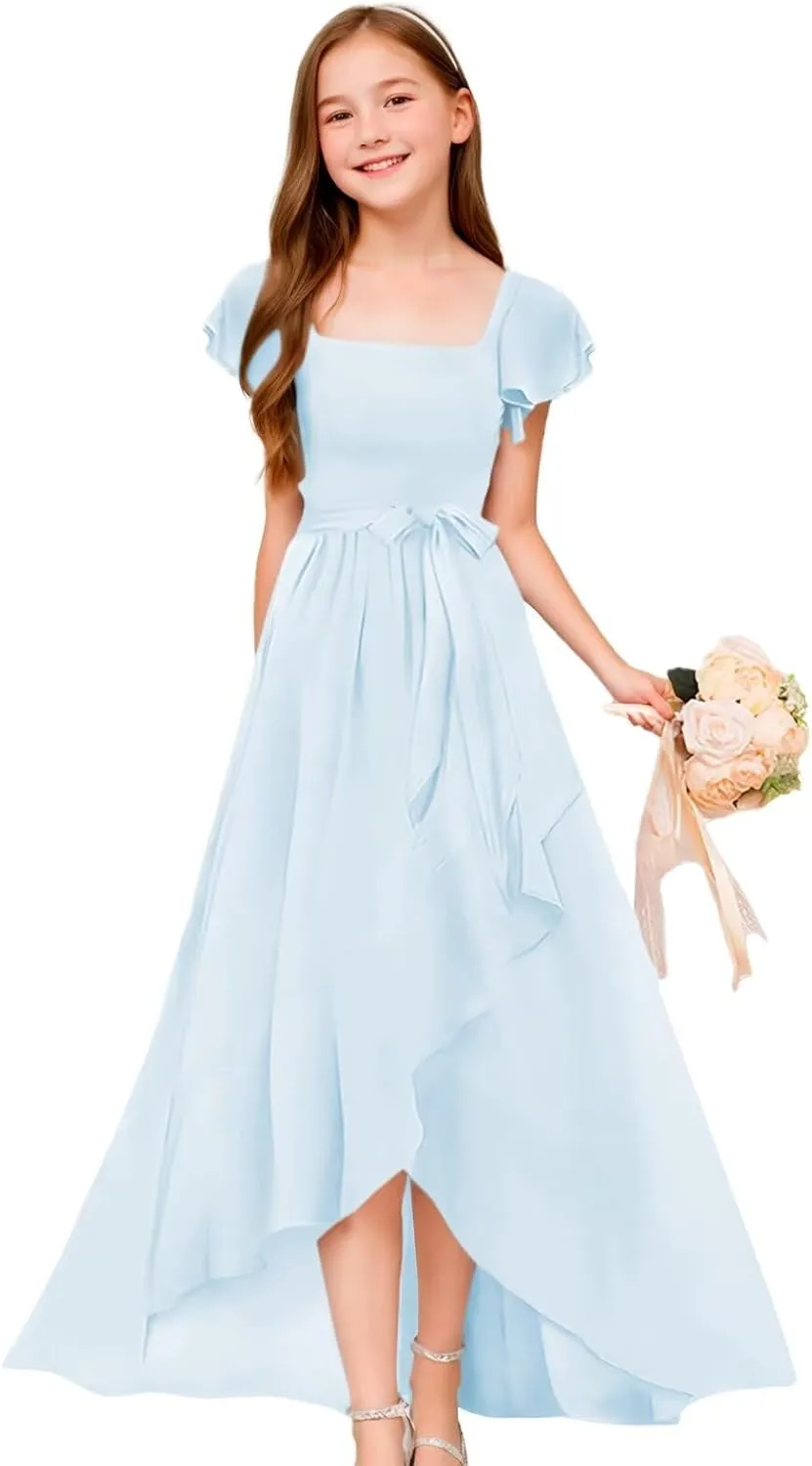 GATMAHE Chiffon Junior Bridesmaid Dresses for Girls Ruffle Sleeve V Neck A Line Flower Girls Dress