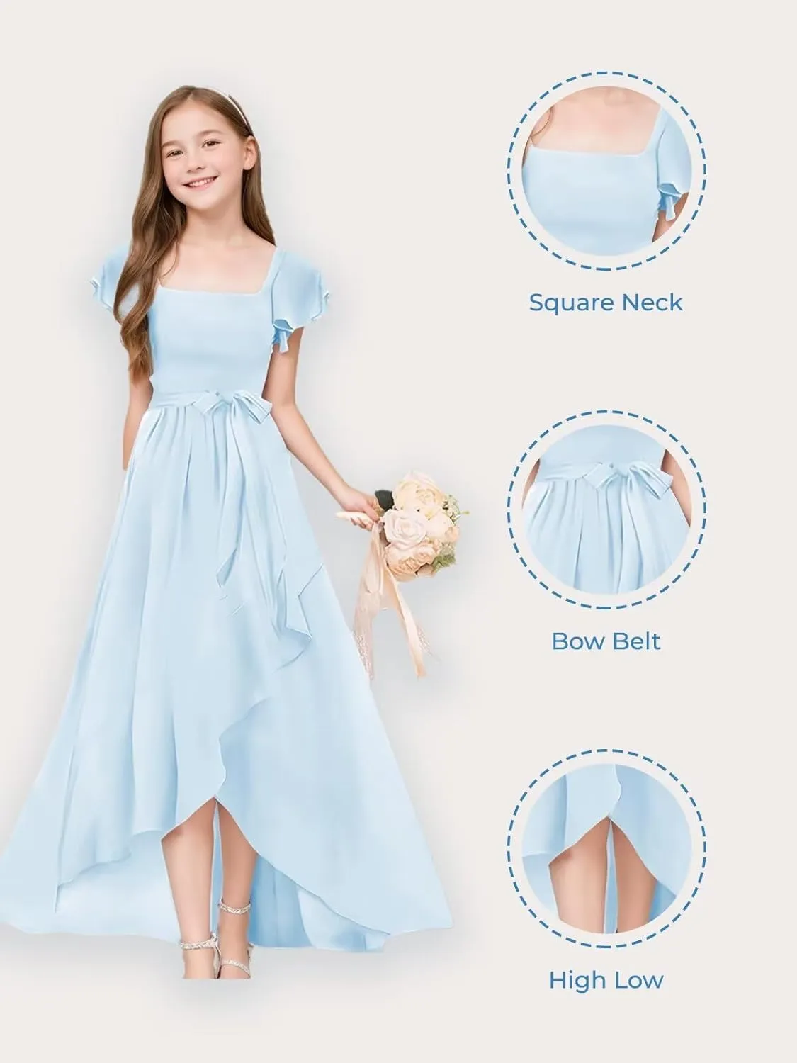 GATMAHE Chiffon Junior Bridesmaid Dresses for Girls Ruffle Sleeve V Neck A Line Flower Girls Dress