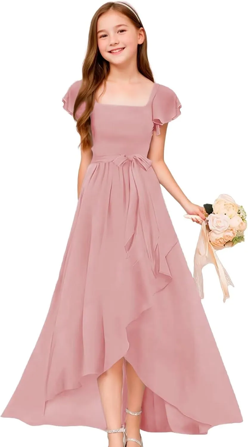 GATMAHE Chiffon Junior Bridesmaid Dresses for Girls Ruffle Sleeve V Neck A Line Flower Girls Dress
