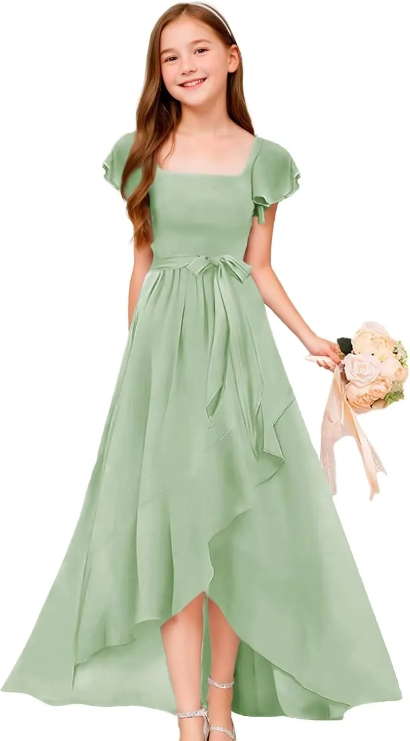 GATMAHE Chiffon Junior Bridesmaid Dresses for Girls Ruffle Sleeve V Neck A Line Flower Girls Dress