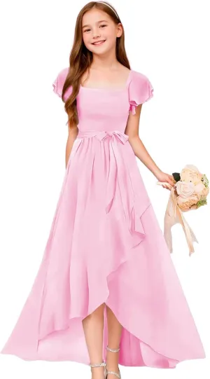 GATMAHE Chiffon Junior Bridesmaid Dresses for Girls Ruffle Sleeve V Neck A Line Flower Girls Dress