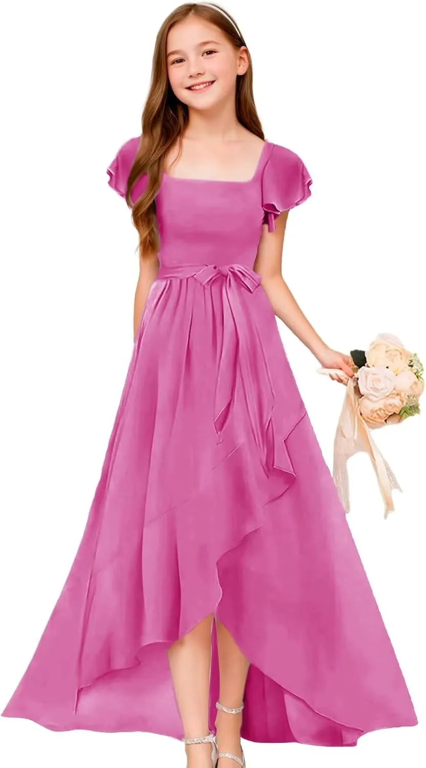 GATMAHE Chiffon Junior Bridesmaid Dresses for Girls Ruffle Sleeve V Neck A Line Flower Girls Dress
