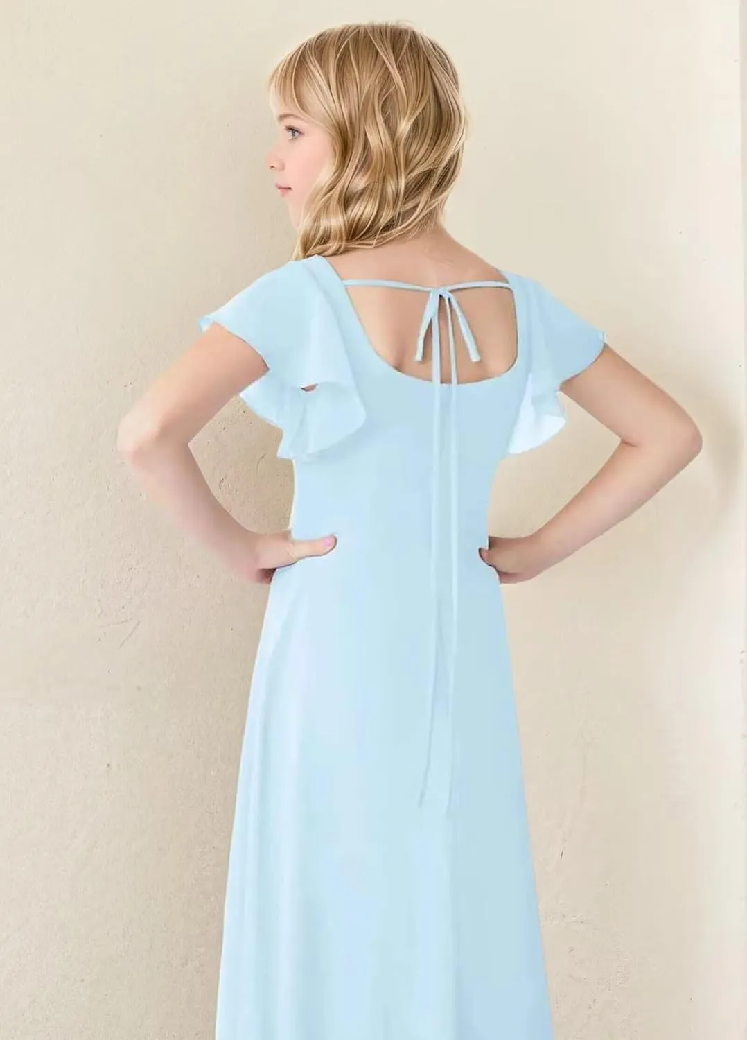 GATMAHE Chiffon Junior Bridesmaid Dresses for Girls Ruffle Sleeve V Neck A Line Flower Girls Dress
