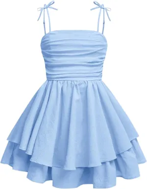 Girl's Floral Cami Dress Ruched Sleeveless Pink Layered Ruffle Kawaii Short Floral Summer Dresses