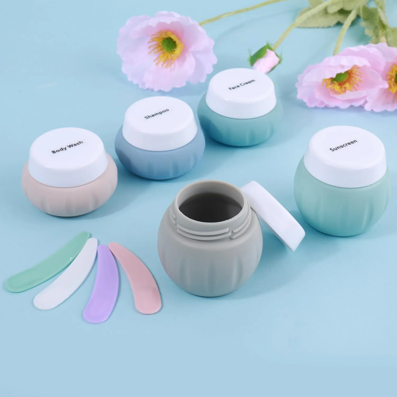 GLAMFIELDS TSA Approved 2Pcs 1.7oz 3Pcs 1oz Travel Size Silicone Jars BPA Free, Leak-proof Travel Essentials with Lid for Cosmetic Face Hand Body Cream Green (5Pack)