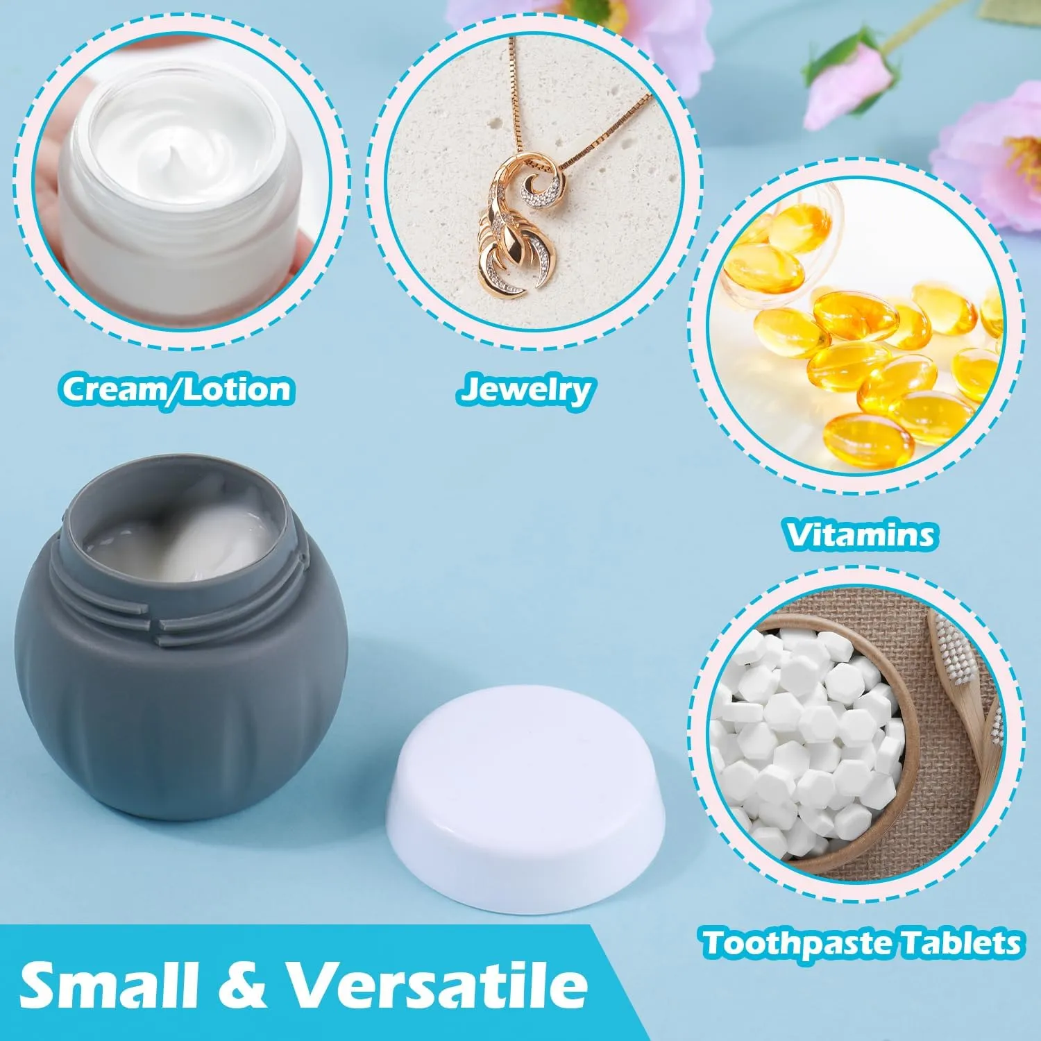 GLAMFIELDS TSA Approved 2pcs 1.7oz 3pcs 1oz Travel Size Silicone Jars BPA Free, Leak-proof Travel Essentials with Lid for Cosmetic, Face, Hand, Body Cream Grey (5Pack)