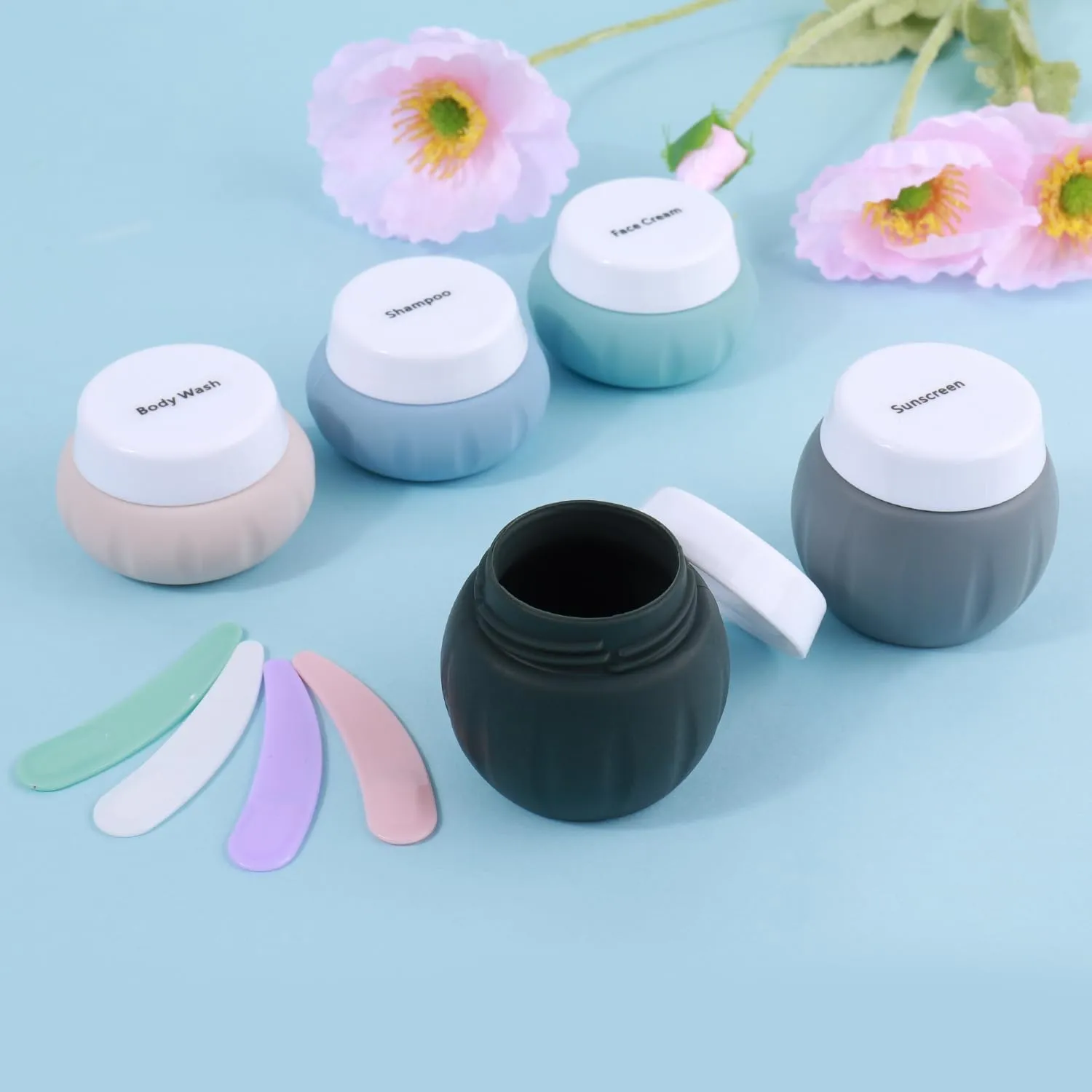 GLAMFIELDS TSA Approved 2pcs 1.7oz 3pcs 1oz Travel Size Silicone Jars BPA Free, Leak-proof Travel Essentials with Lid for Cosmetic, Face, Hand, Body Cream Grey (5Pack)
