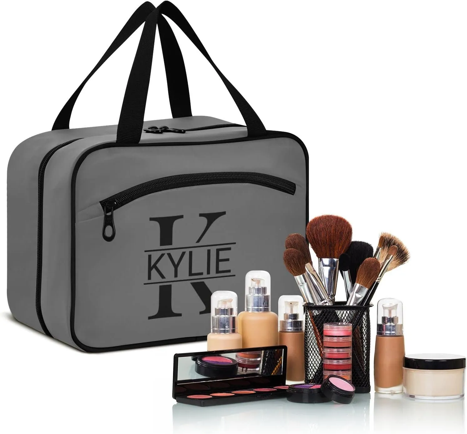Gray Personalized Toiletry Bag for Women Men Travel Makeup Bag Organizer with Hanging Hook Cosmetic Bags Hanging Toiletry Bag Travel Bag for Toiletries Full Sized Container