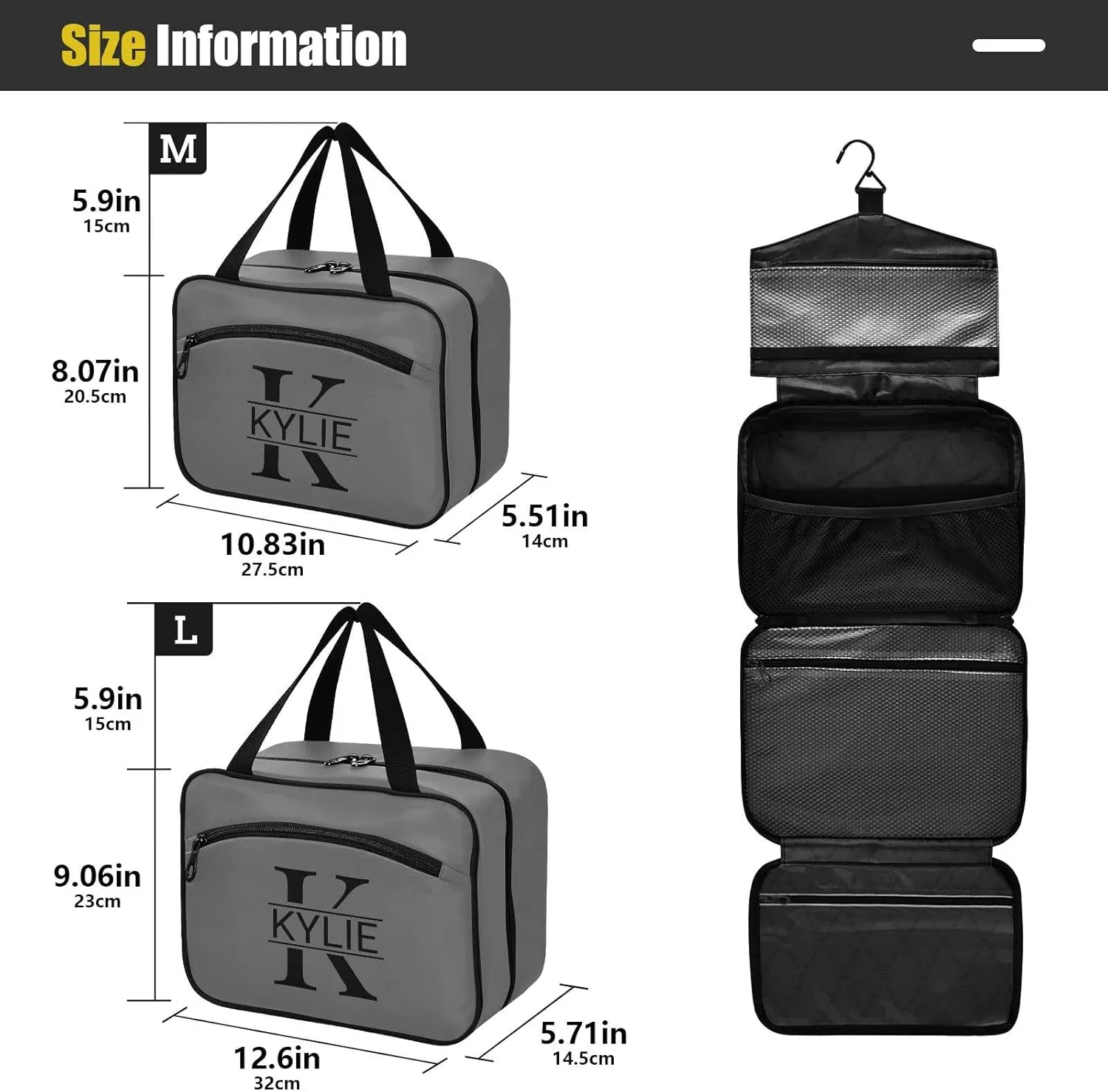 Gray Personalized Toiletry Bag for Women Men Travel Makeup Bag Organizer with Hanging Hook Cosmetic Bags Hanging Toiletry Bag Travel Bag for Toiletries Full Sized Container