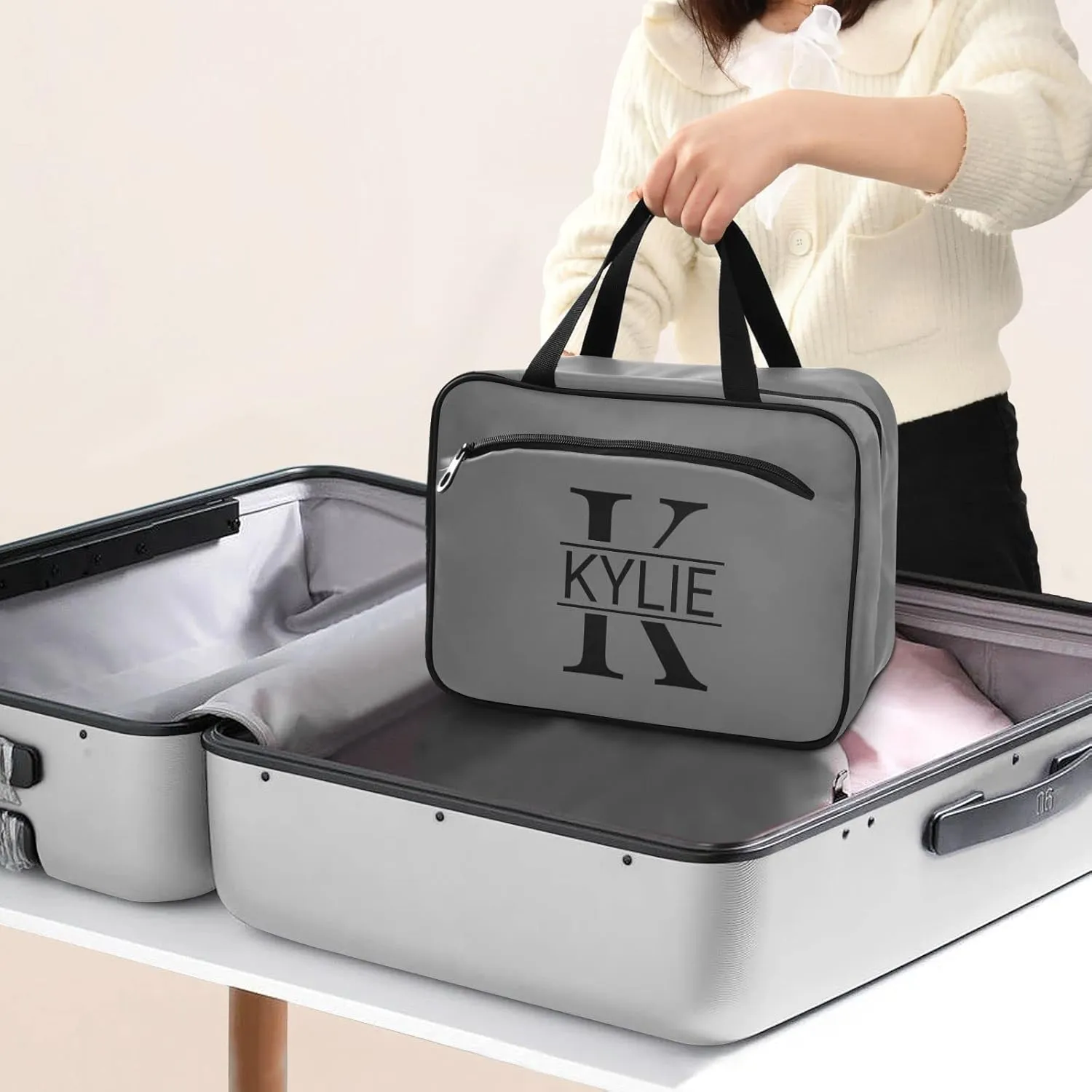 Gray Personalized Toiletry Bag for Women Men Travel Makeup Bag Organizer with Hanging Hook Cosmetic Bags Hanging Toiletry Bag Travel Bag for Toiletries Full Sized Container