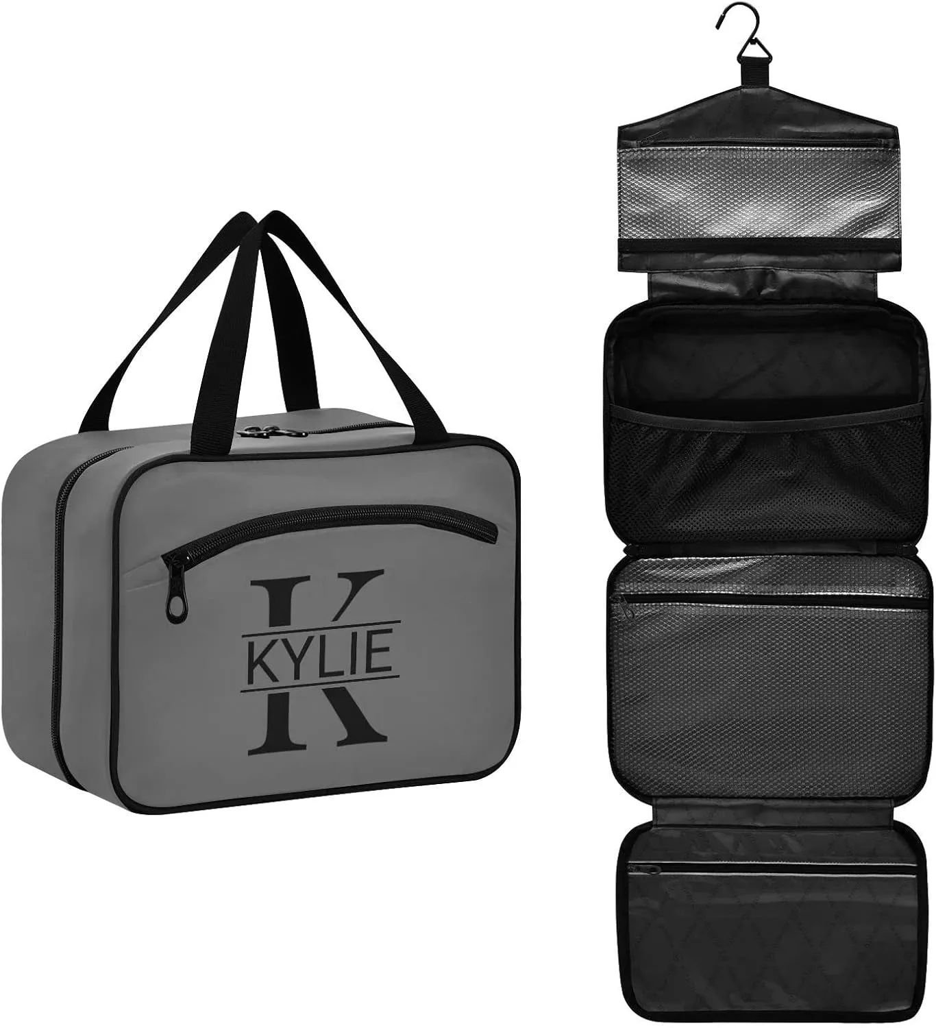 Gray Personalized Toiletry Bag for Women Men Travel Makeup Bag Organizer with Hanging Hook Cosmetic Bags Hanging Toiletry Bag Travel Bag for Toiletries Full Sized Container