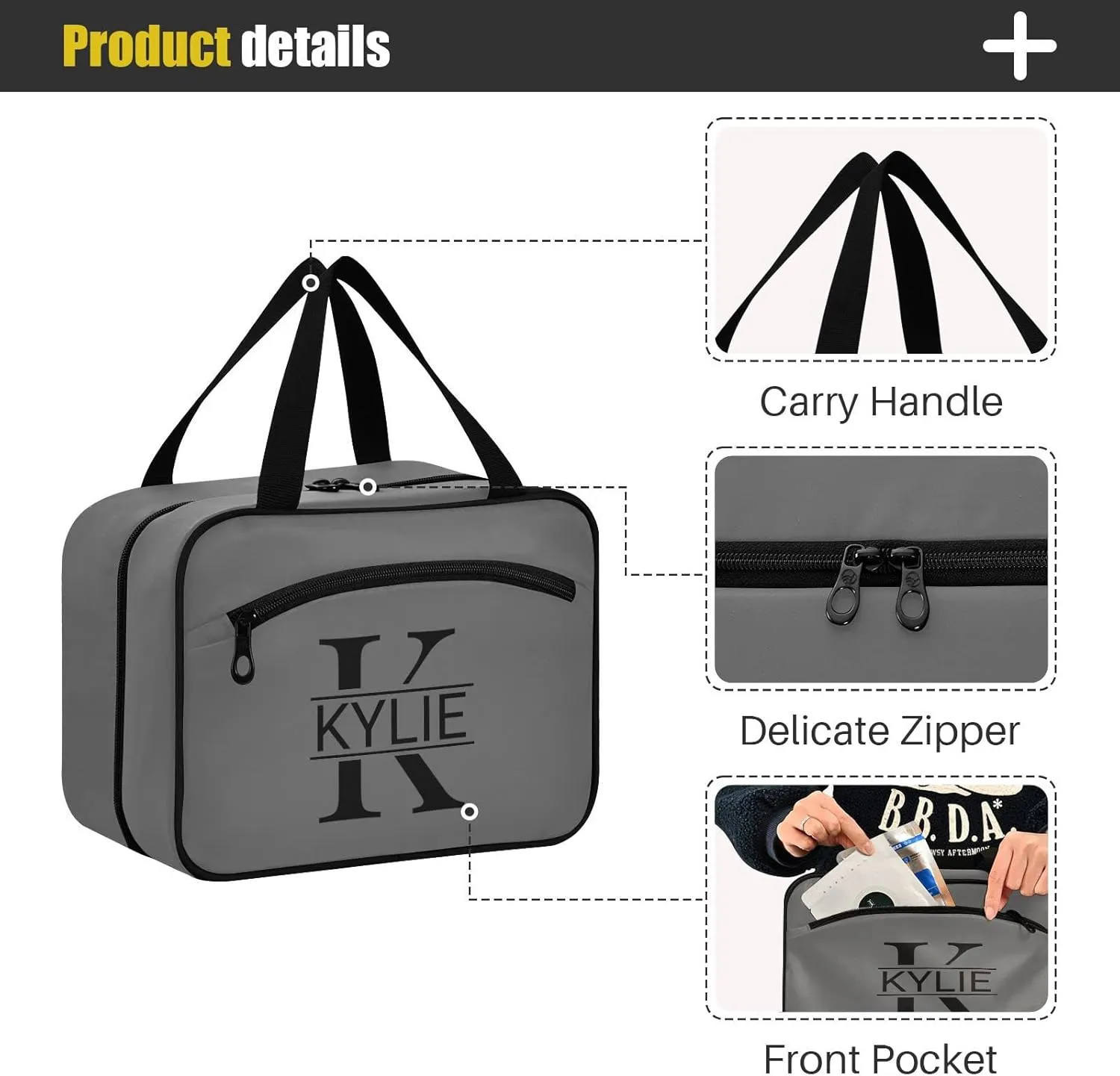 Gray Personalized Toiletry Bag for Women Men Travel Makeup Bag Organizer with Hanging Hook Cosmetic Bags Hanging Toiletry Bag Travel Bag for Toiletries Full Sized Container