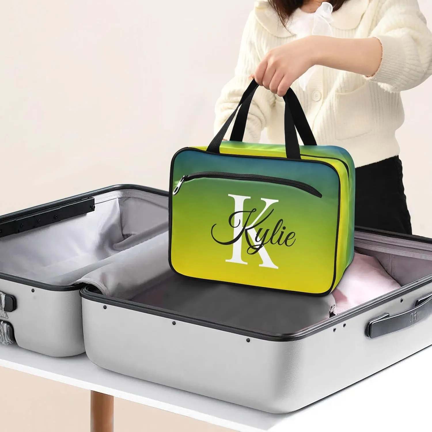 Green Yellow Gradient Personalized Toiletry Bag for Women Men Travel Makeup Bag Organizer with Hanging Hook Cosmetic Bags Hanging Toiletry Bag Travel Bag for Toiletries Accessories Brushes Bottle