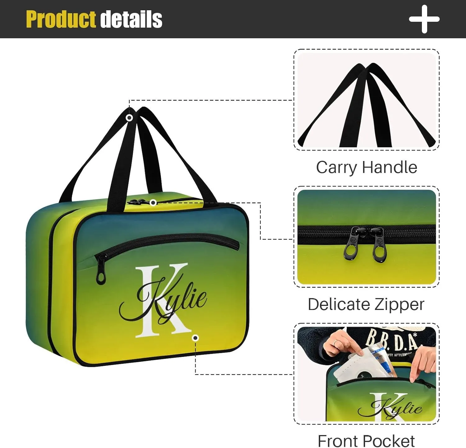 Green Yellow Gradient Personalized Toiletry Bag for Women Men Travel Makeup Bag Organizer with Hanging Hook Cosmetic Bags Hanging Toiletry Bag Travel Bag for Toiletries Accessories Brushes Bottle
