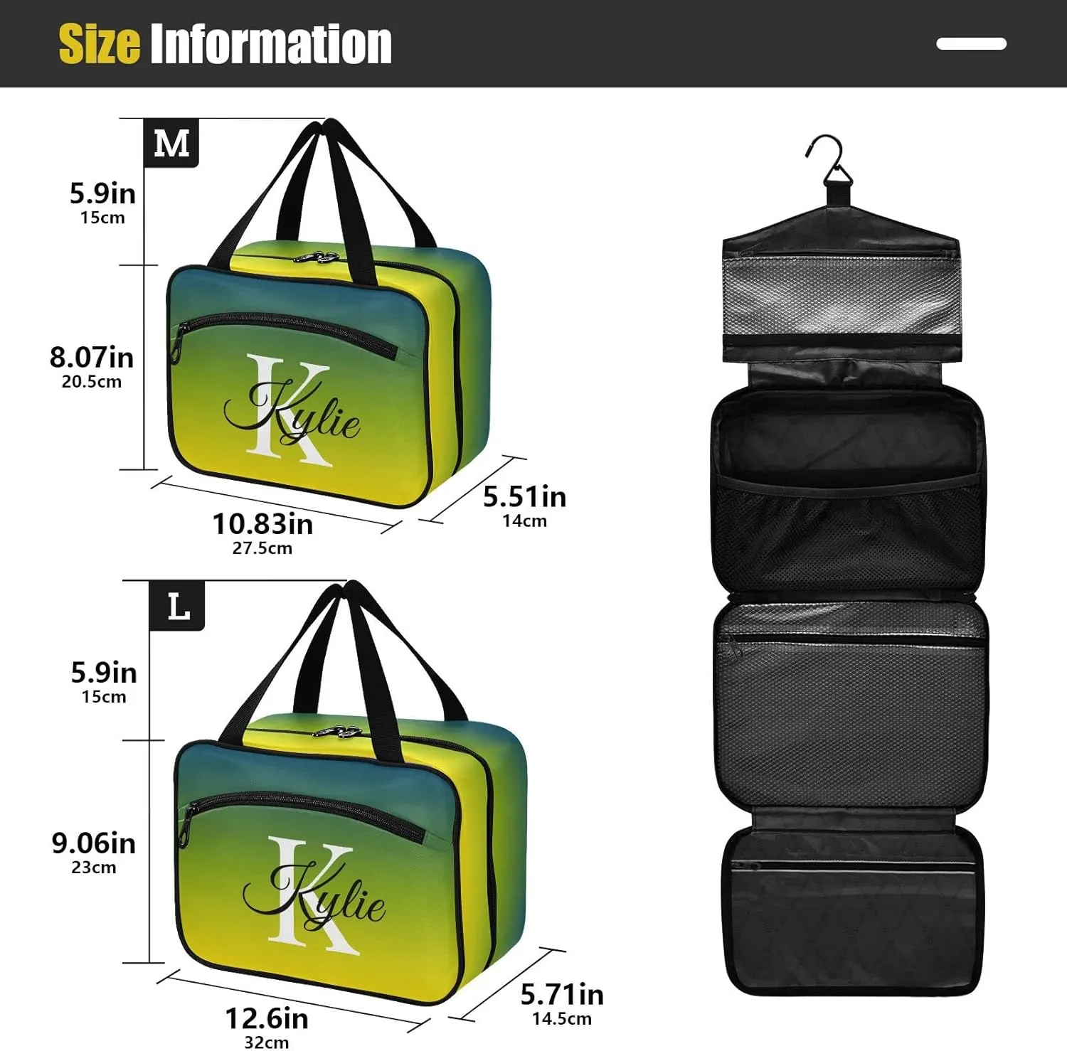 Green Yellow Gradient Personalized Toiletry Bag for Women Men Travel Makeup Bag Organizer with Hanging Hook Cosmetic Bags Hanging Toiletry Bag Travel Bag for Toiletries Accessories Brushes Bottle